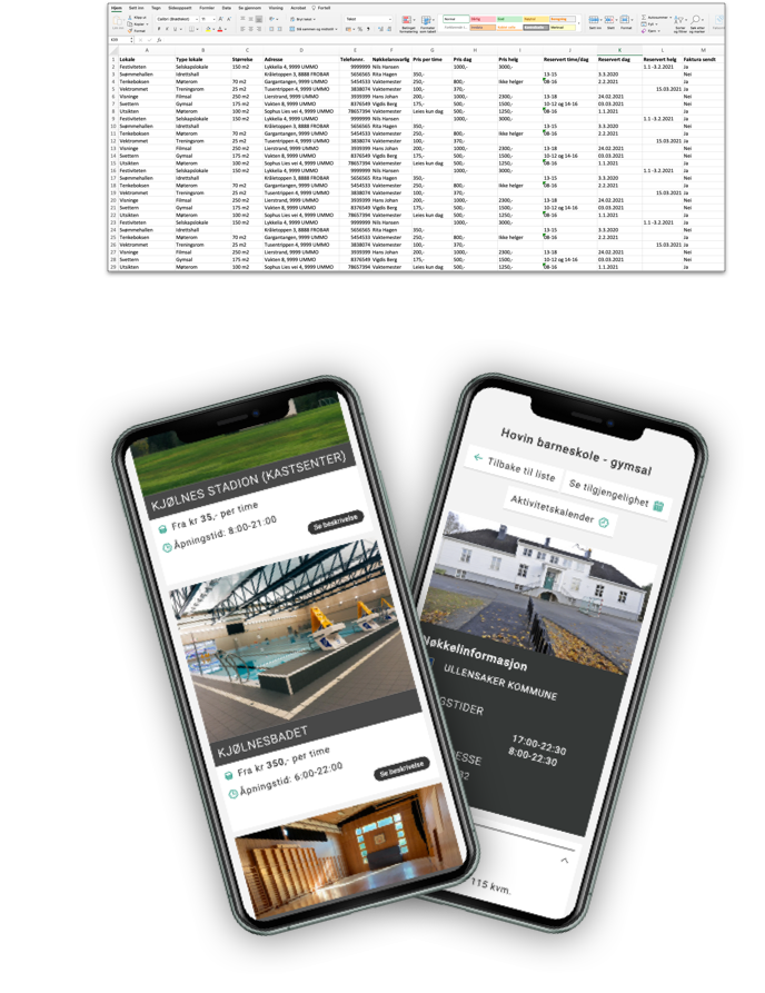 Før: excell ark med oppføringer av bookinger av ulike lokaler. Nå: Utsnitt fra Bookup sin nettside på mobil.